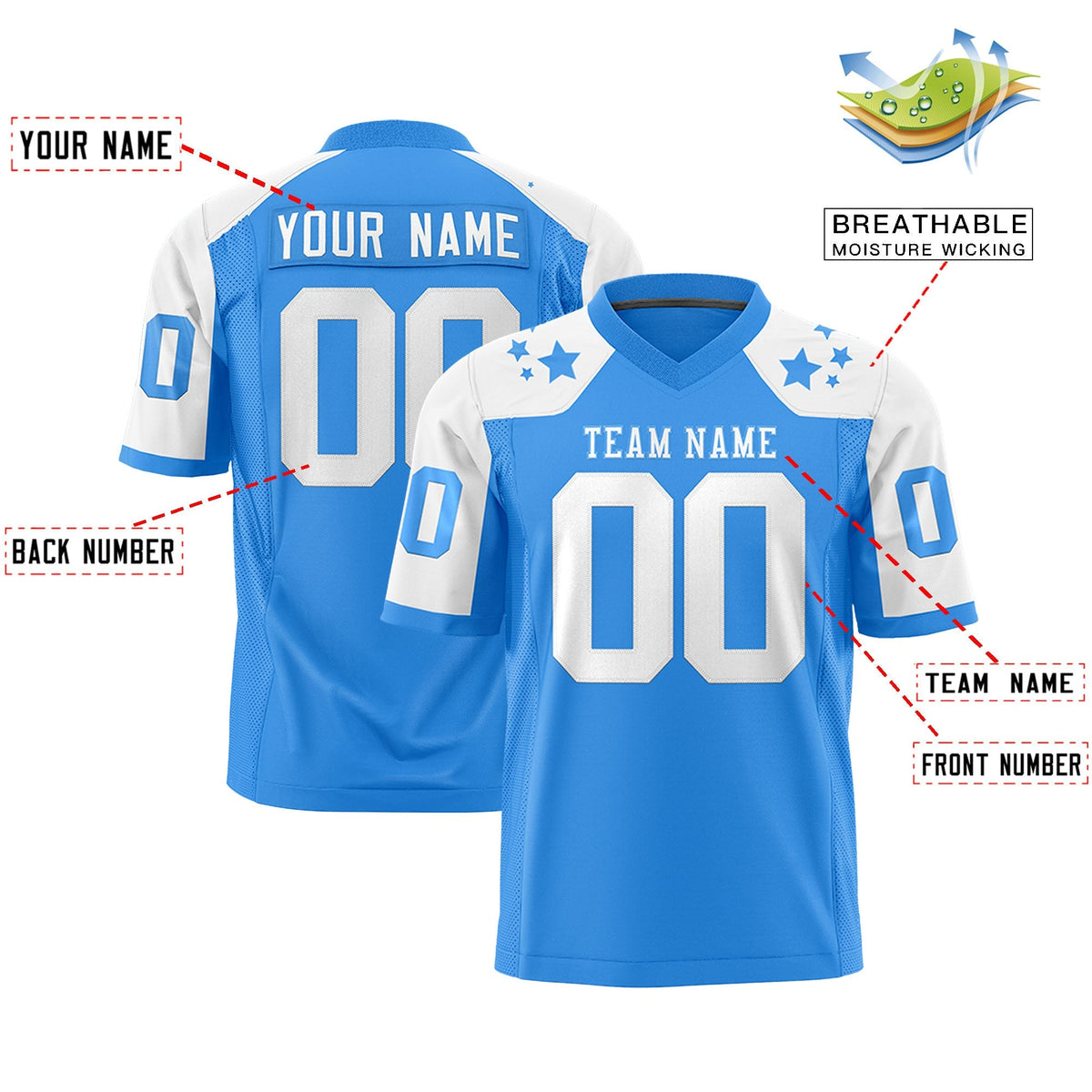 Custom Powder Blue White Personalized Shoulder Star Pattern Authentic American Football Jersey