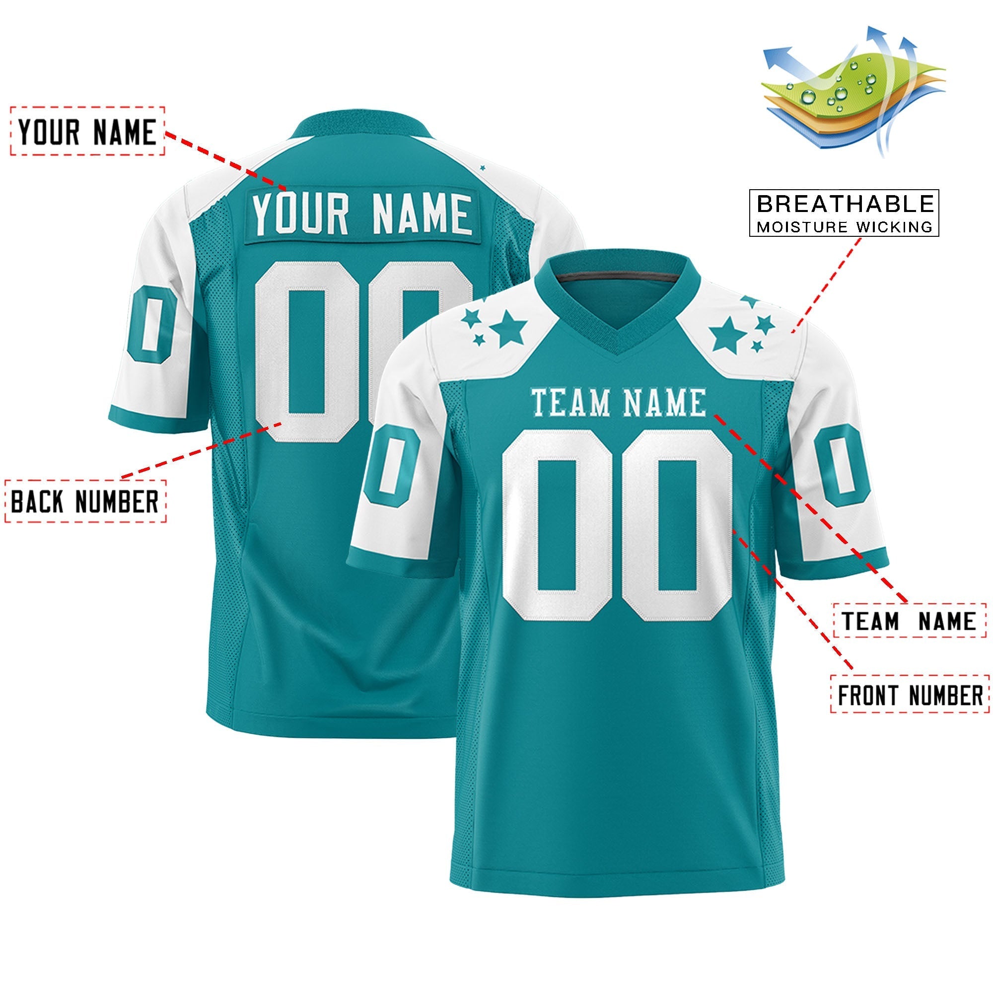 Custom Aqua White Personalized Shoulder Star Pattern Authentic American Football Jersey