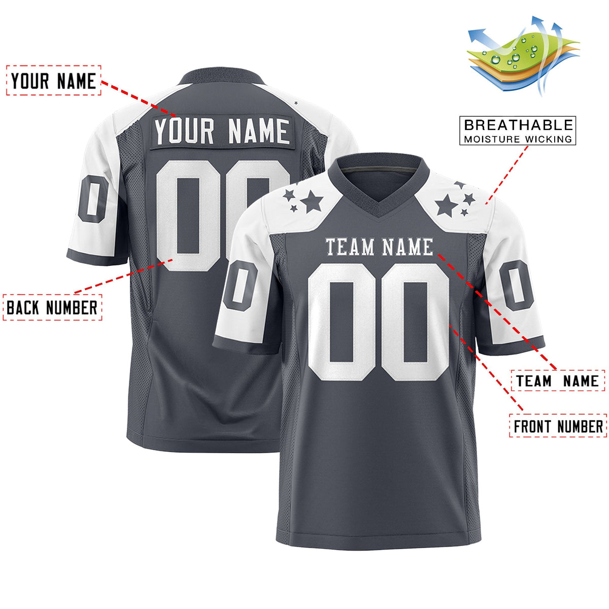 Custom Dark Gray White Personalized Shoulder Star Pattern Authentic American Football Jersey