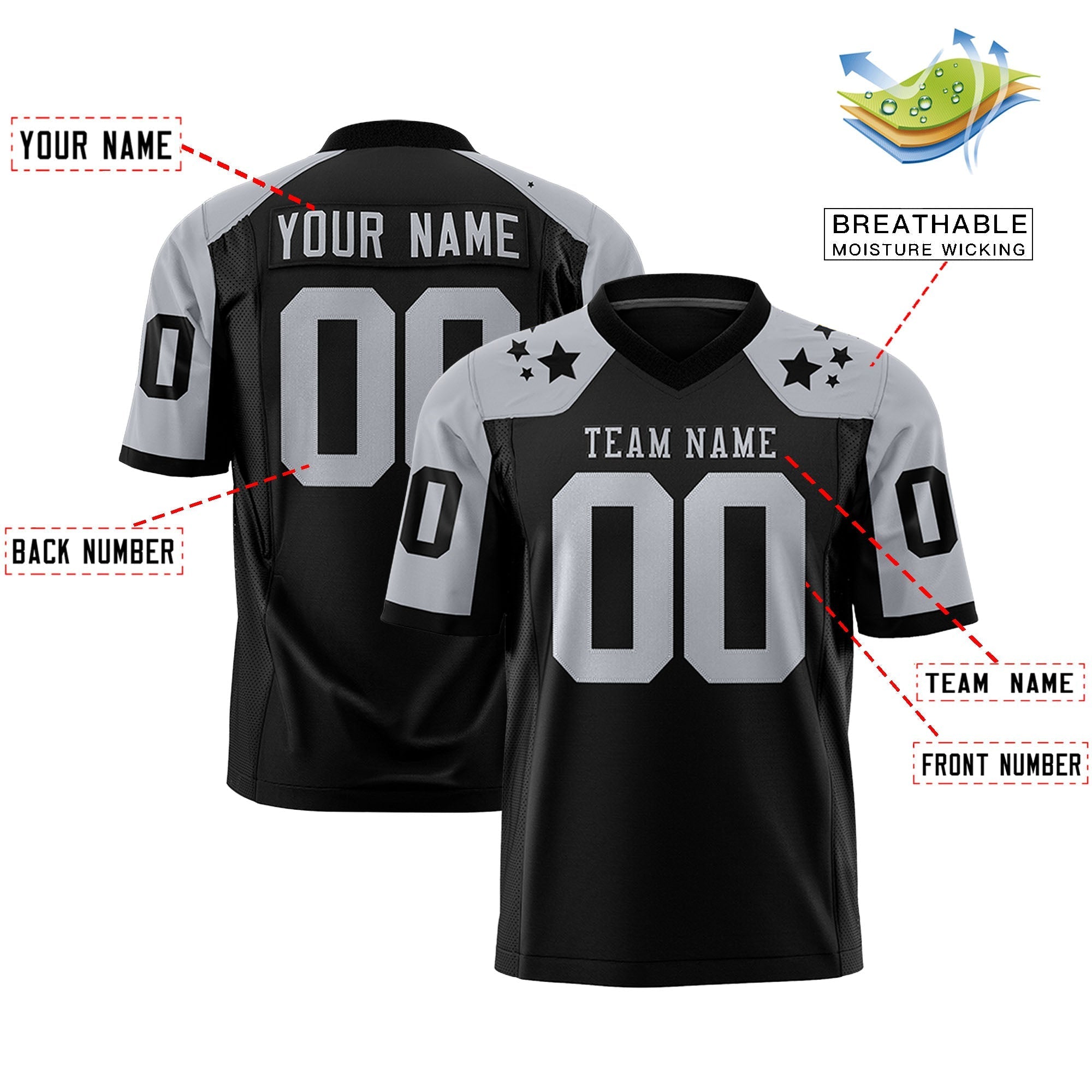 Custom Black Gray Personalized Shoulder Star Pattern Authentic American Football Jersey