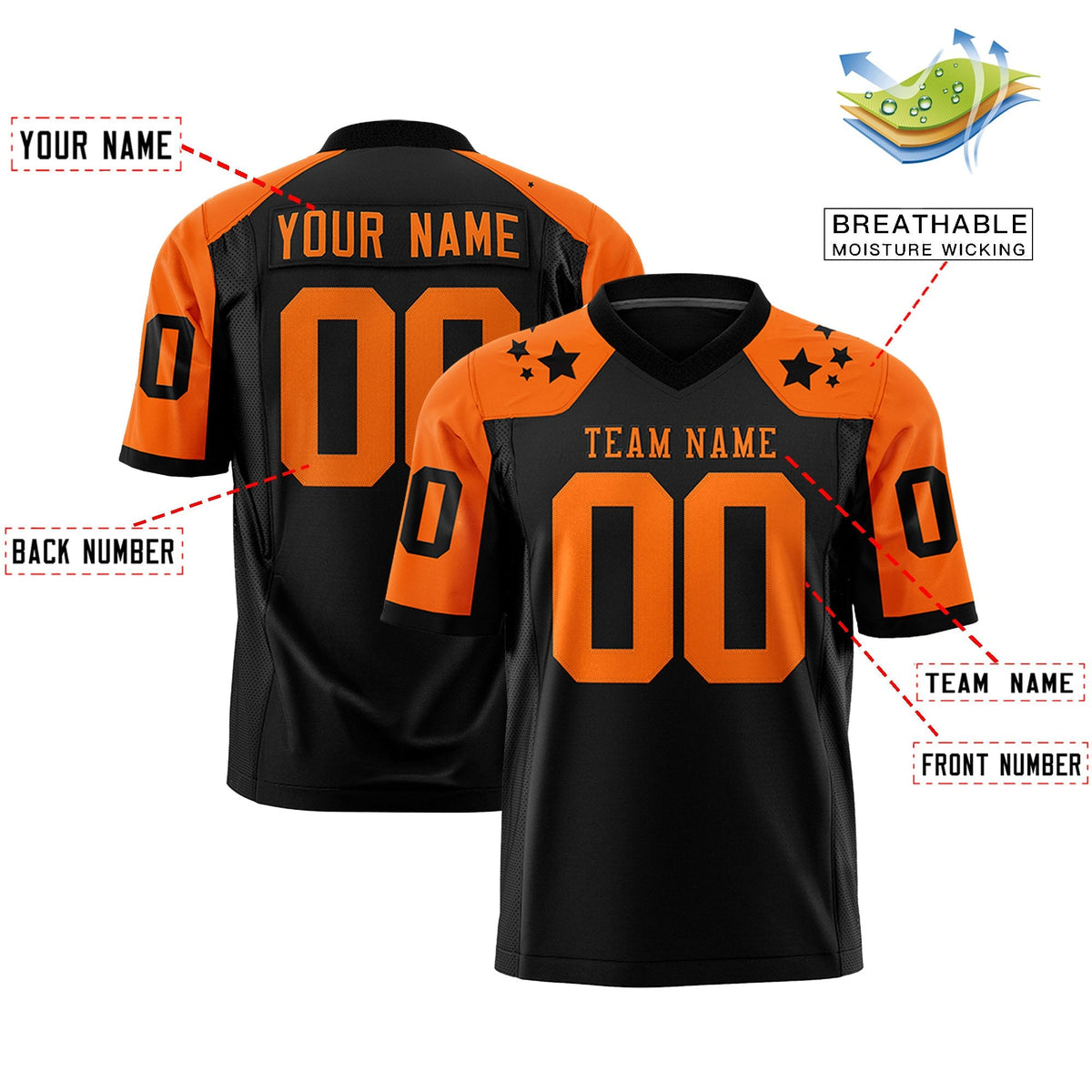 Custom Black Orange Personalized Shoulder Star Pattern Authentic American Football Jersey