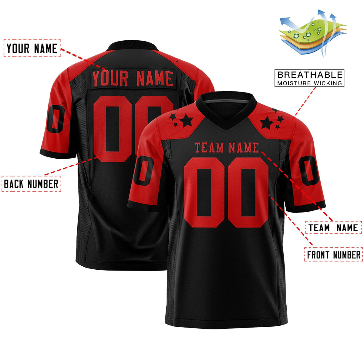 Custom Black Red Personalized Shoulder Star Pattern Authentic American Football Jersey