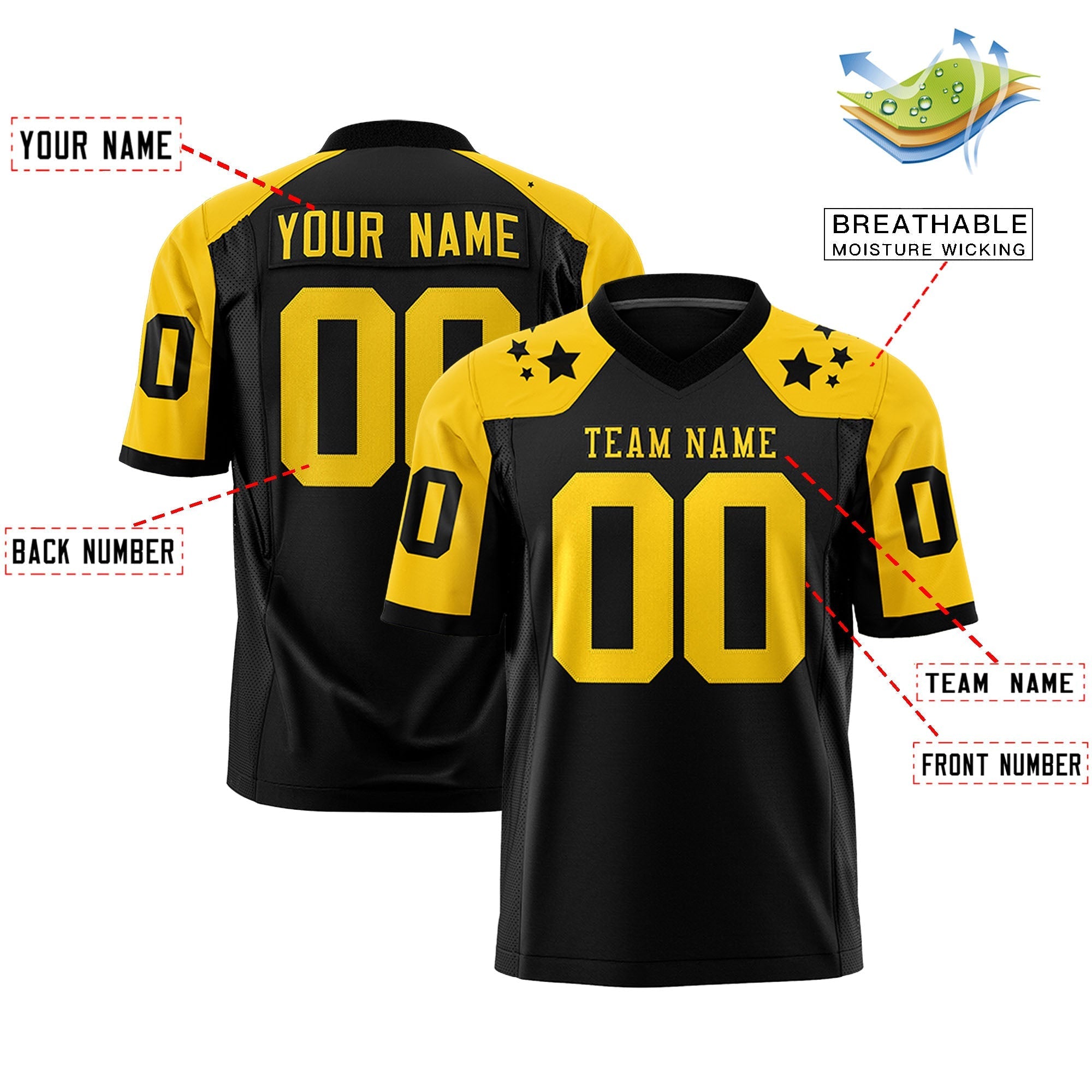 Custom Black Gold Personalized Shoulder Star Pattern Authentic American Football Jersey