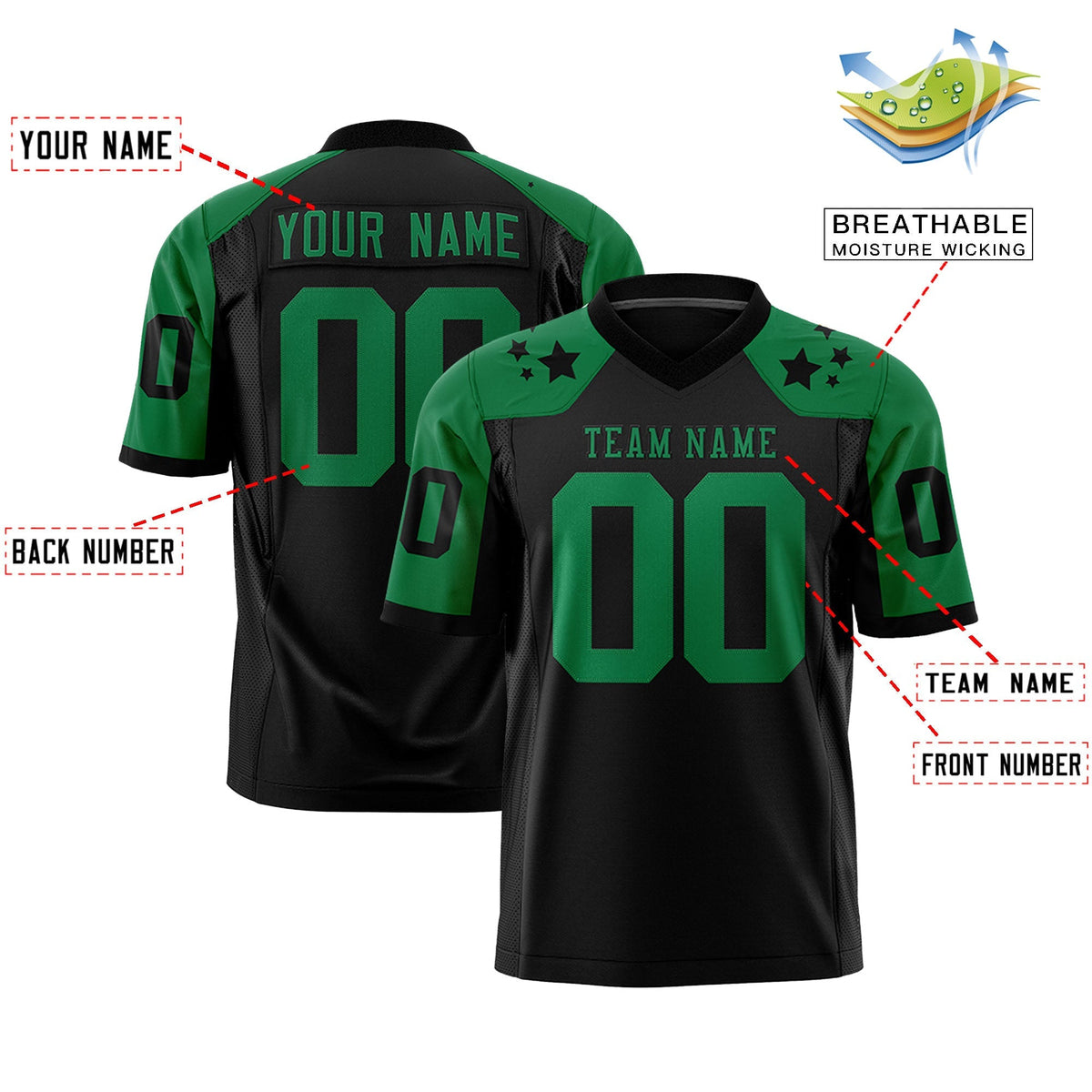 Custom Black Kelly Green Personalized Shoulder Star Pattern Authentic American Football Jersey