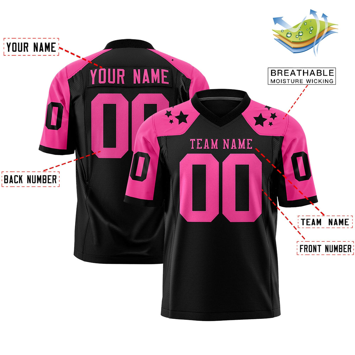 Custom Black Pink Personalized Shoulder Star Pattern Authentic American Football Jersey