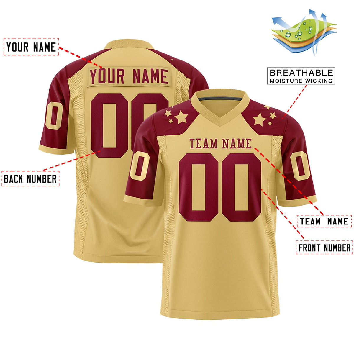 Custom Khaki Crimson Personalized Shoulder Star Pattern Authentic American Football Jersey