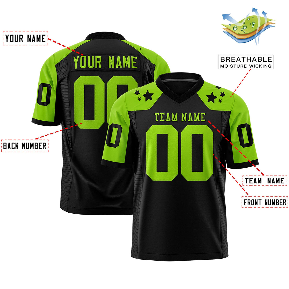 Custom Black Neon Green Personalized Shoulder Star Pattern Authentic American Football Jersey