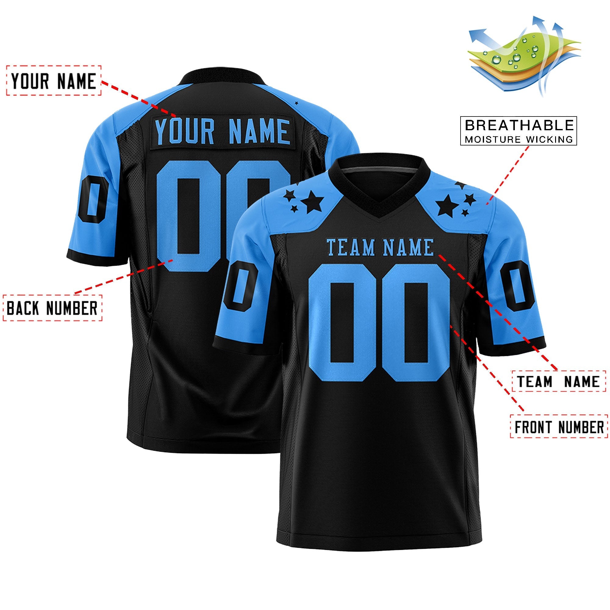 Custom Black Powder Blue Personalized Shoulder Star Pattern Authentic American Football Jersey