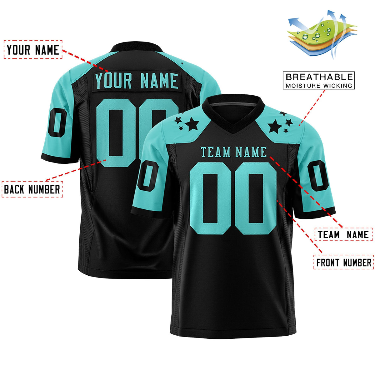 Custom Black Bright Green Personalized Shoulder Star Pattern Authentic American Football Jersey