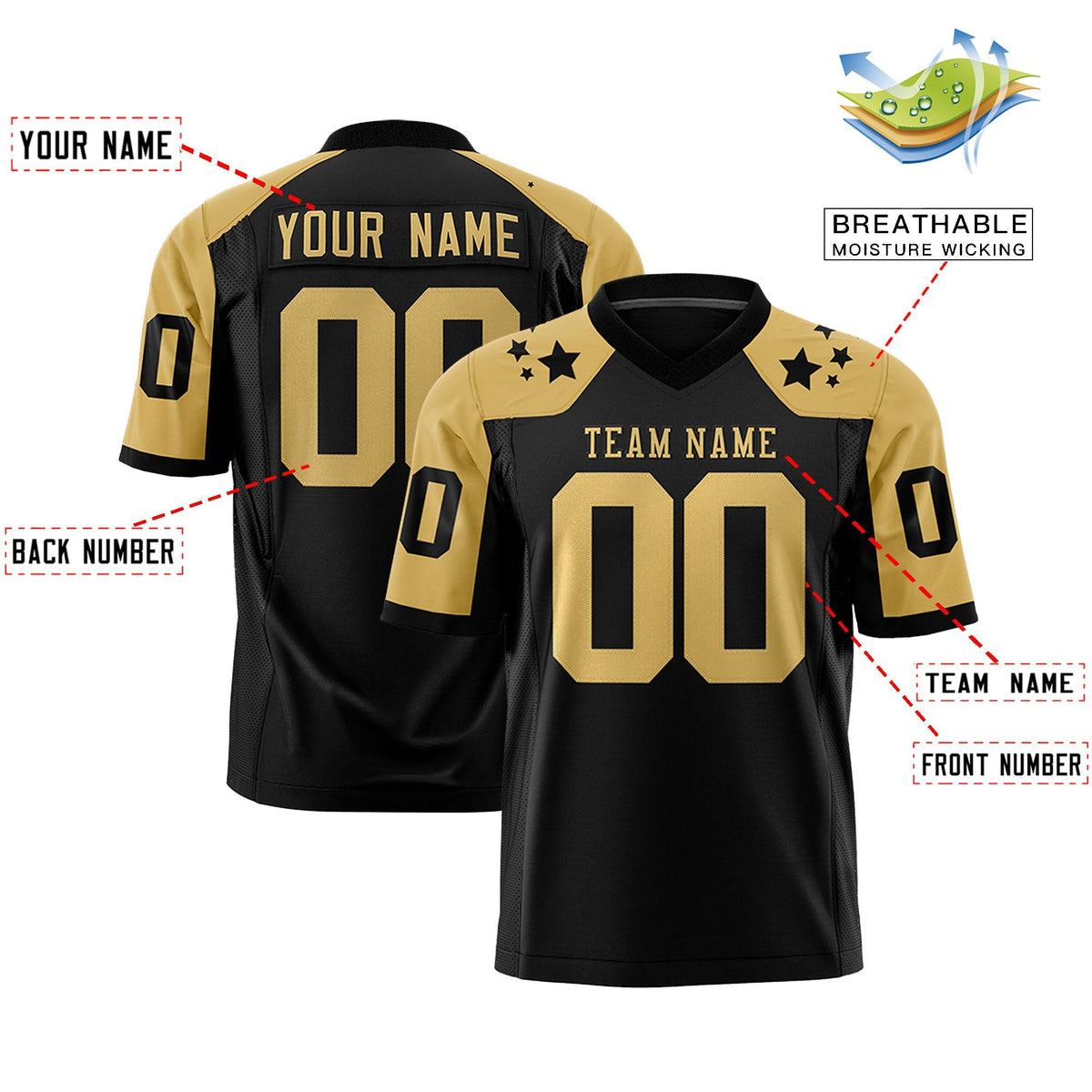 Custom Black Old Gold Personalized Shoulder Star Pattern Authentic American Football Jersey