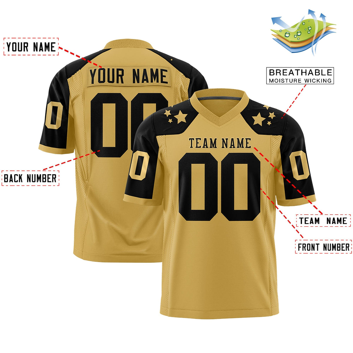 Custom Old Gold Black Personalized Shoulder Star Pattern Authentic American Football Jersey