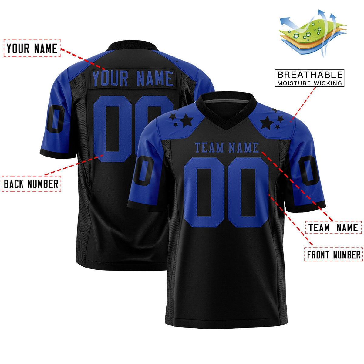 Custom Black Royal Personalized Shoulder Star Pattern Authentic American Football Jersey
