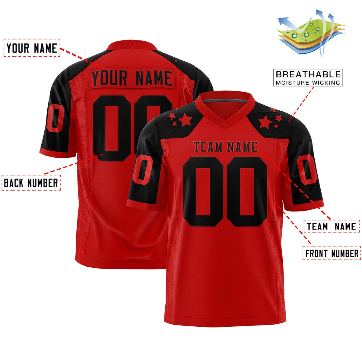 Custom Red Black Personalized Shoulder Star Pattern Authentic American Football Jersey
