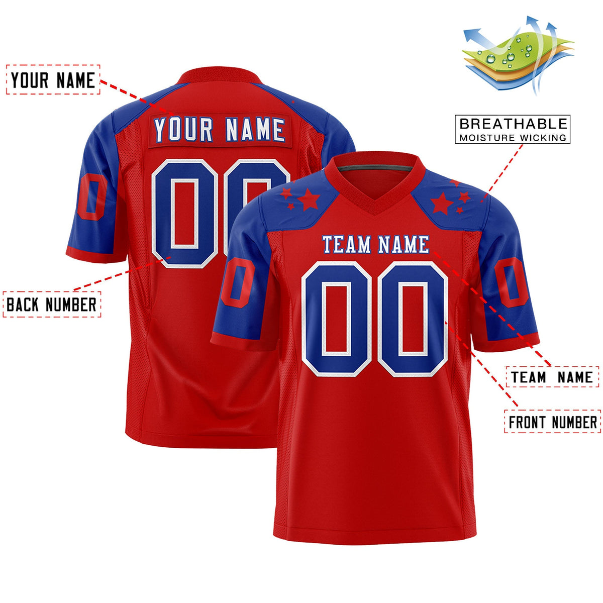 Custom Red Royal Personalized Shoulder Star Pattern Authentic American Football Jersey