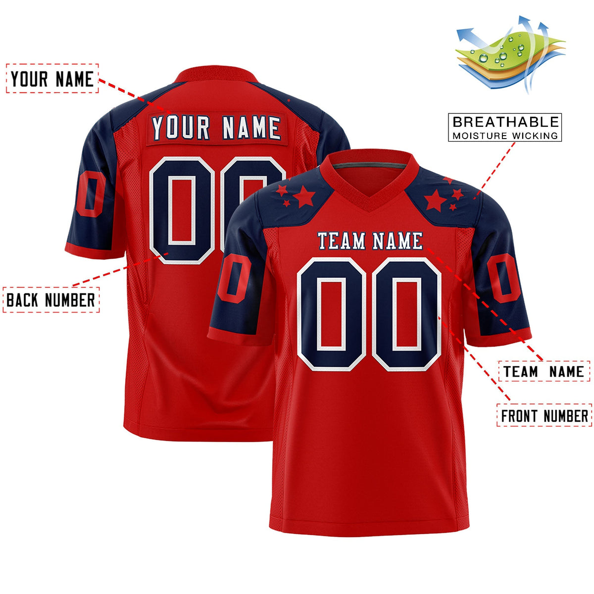 Custom Red Navy Personalized Shoulder Star Pattern Authentic American Football Jersey