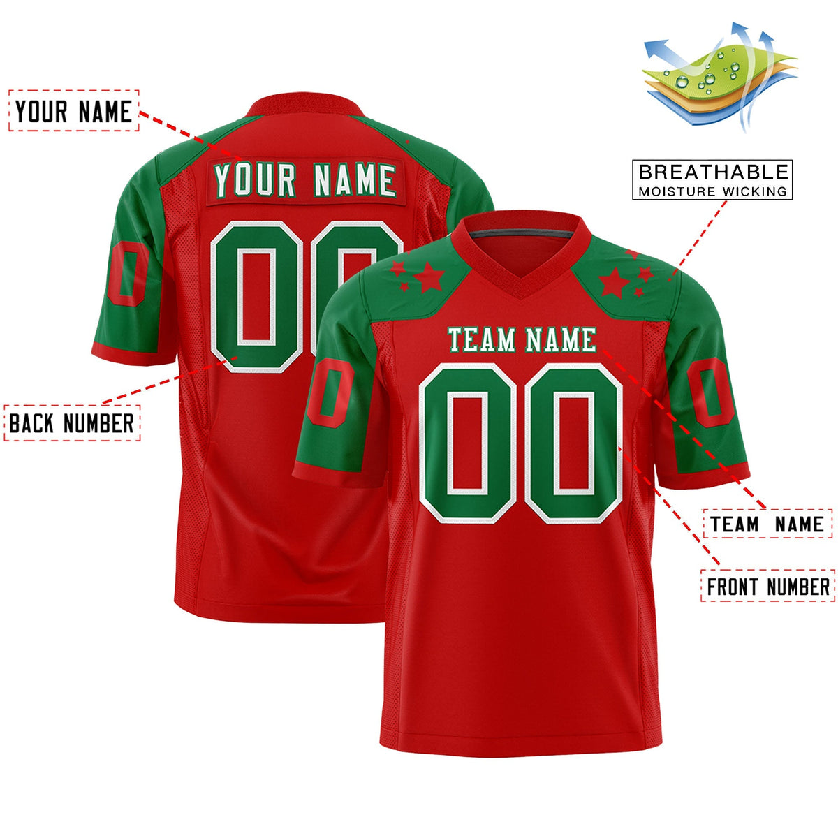 Custom Red Kelly Green Personalized Shoulder Star Pattern Authentic American Football Jersey