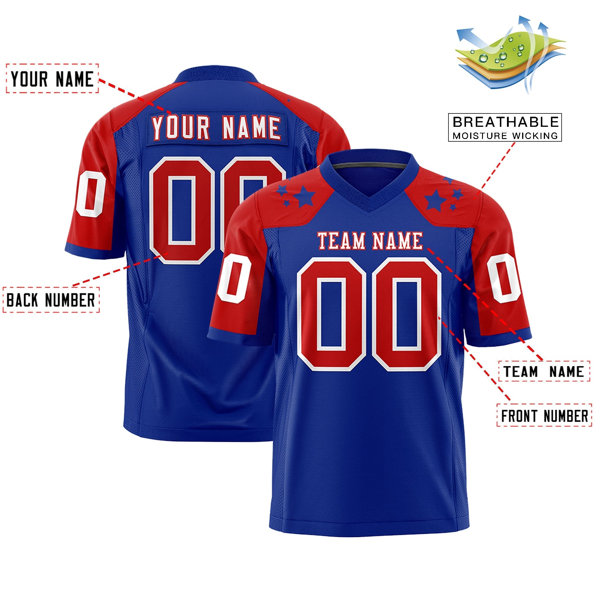 Custom Royal Red Personalized Shoulder Star Pattern Authentic American Football Jersey