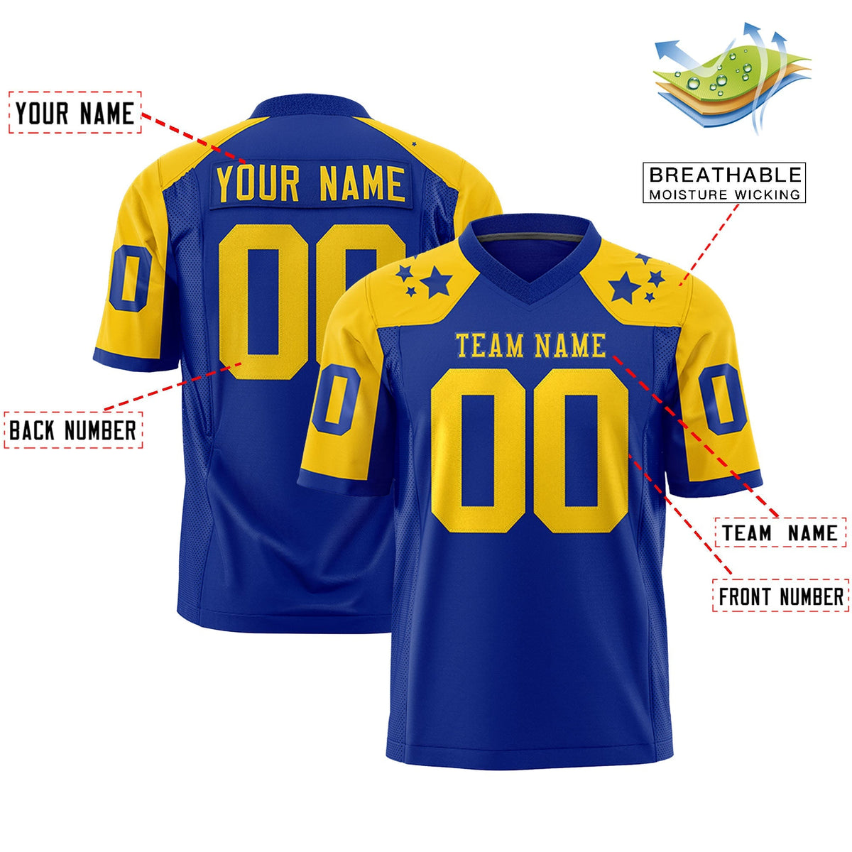 Custom Royal Gold Personalized Shoulder Star Pattern Authentic American Football Jersey