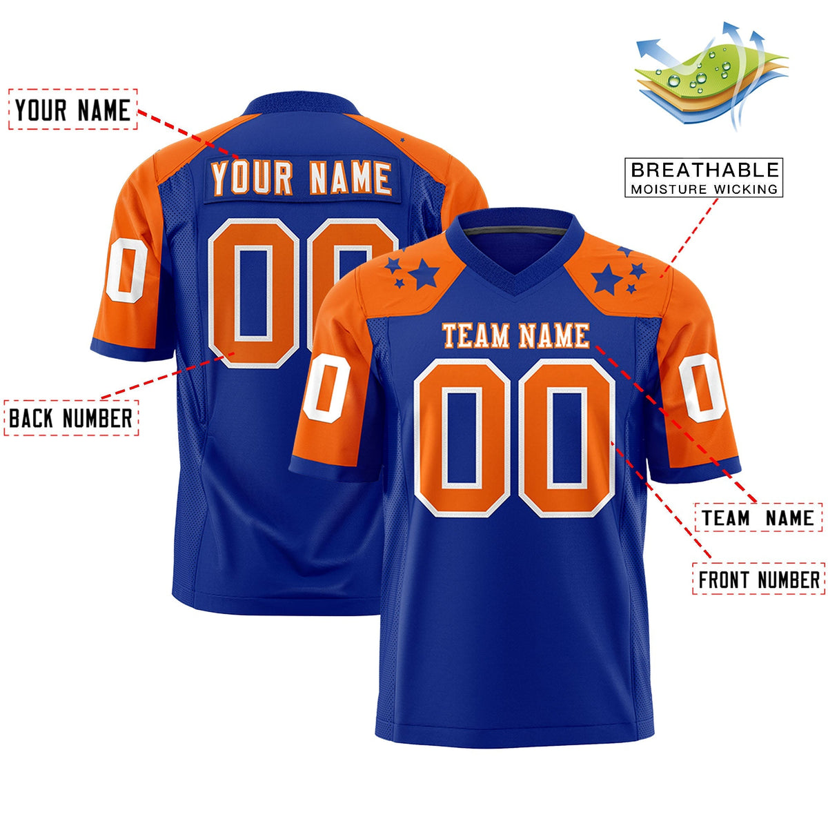 Custom Royal Orange Personalized Shoulder Star Pattern Authentic American Football Jersey