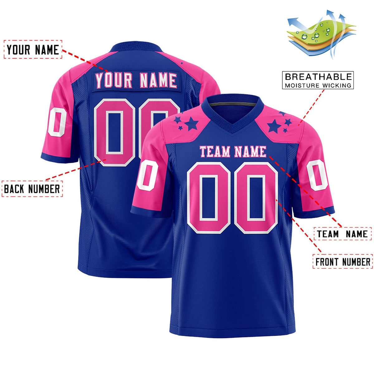 Custom Royal Pink Personalized Shoulder Star Pattern Authentic American Football Jersey