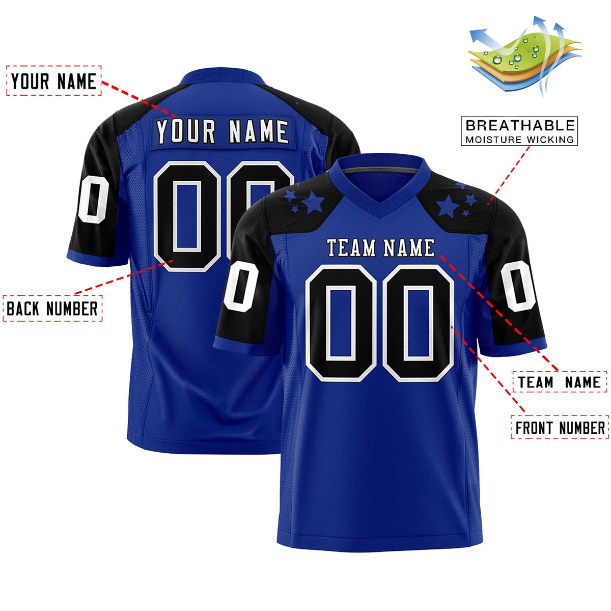 Custom Royal Black Personalized Shoulder Star Pattern Authentic American Football Jersey