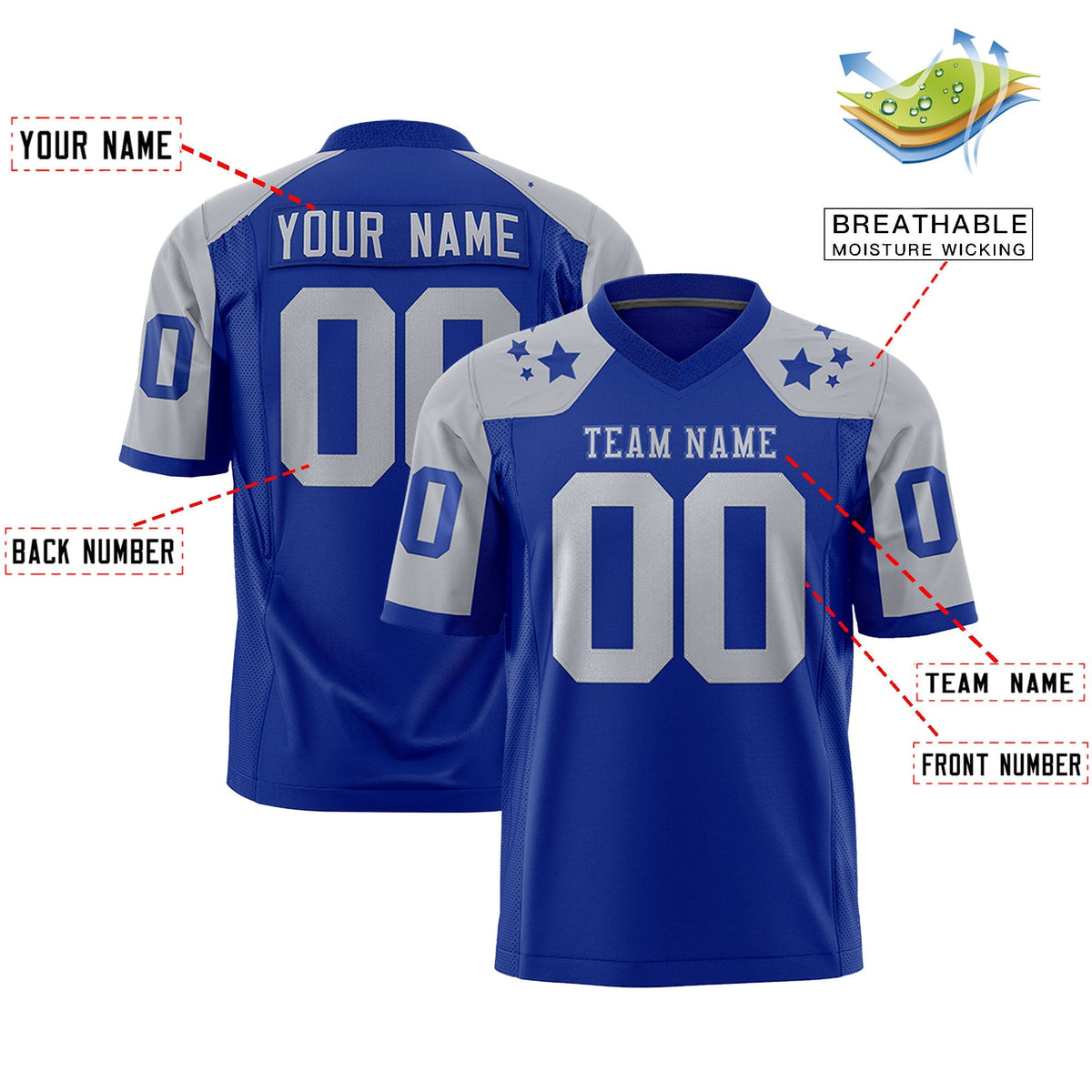 Custom Royal Gray Personalized Shoulder Star Pattern Authentic American Football Jersey