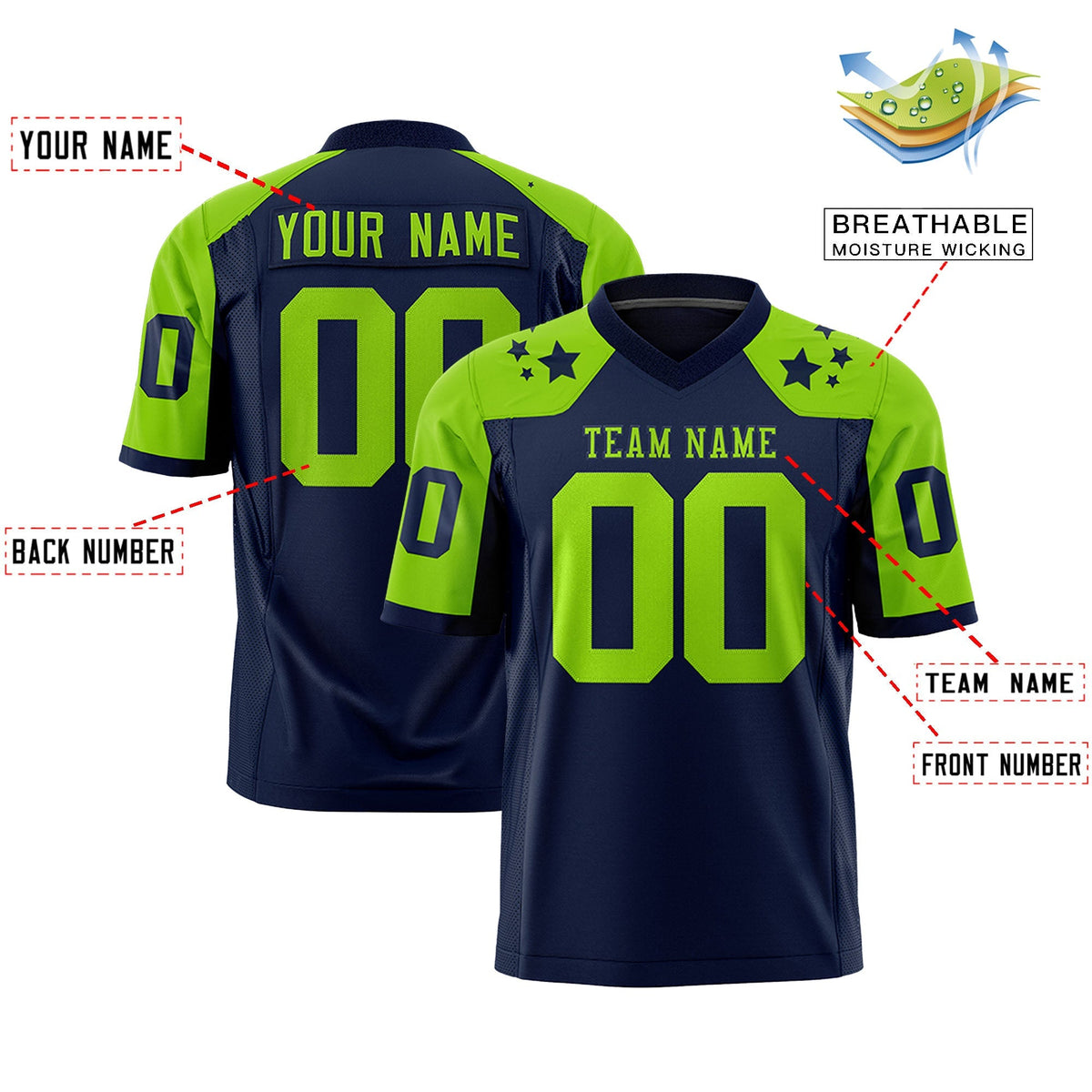 Custom Navy Neon Green Personalized Shoulder Star Pattern Authentic American Football Jersey