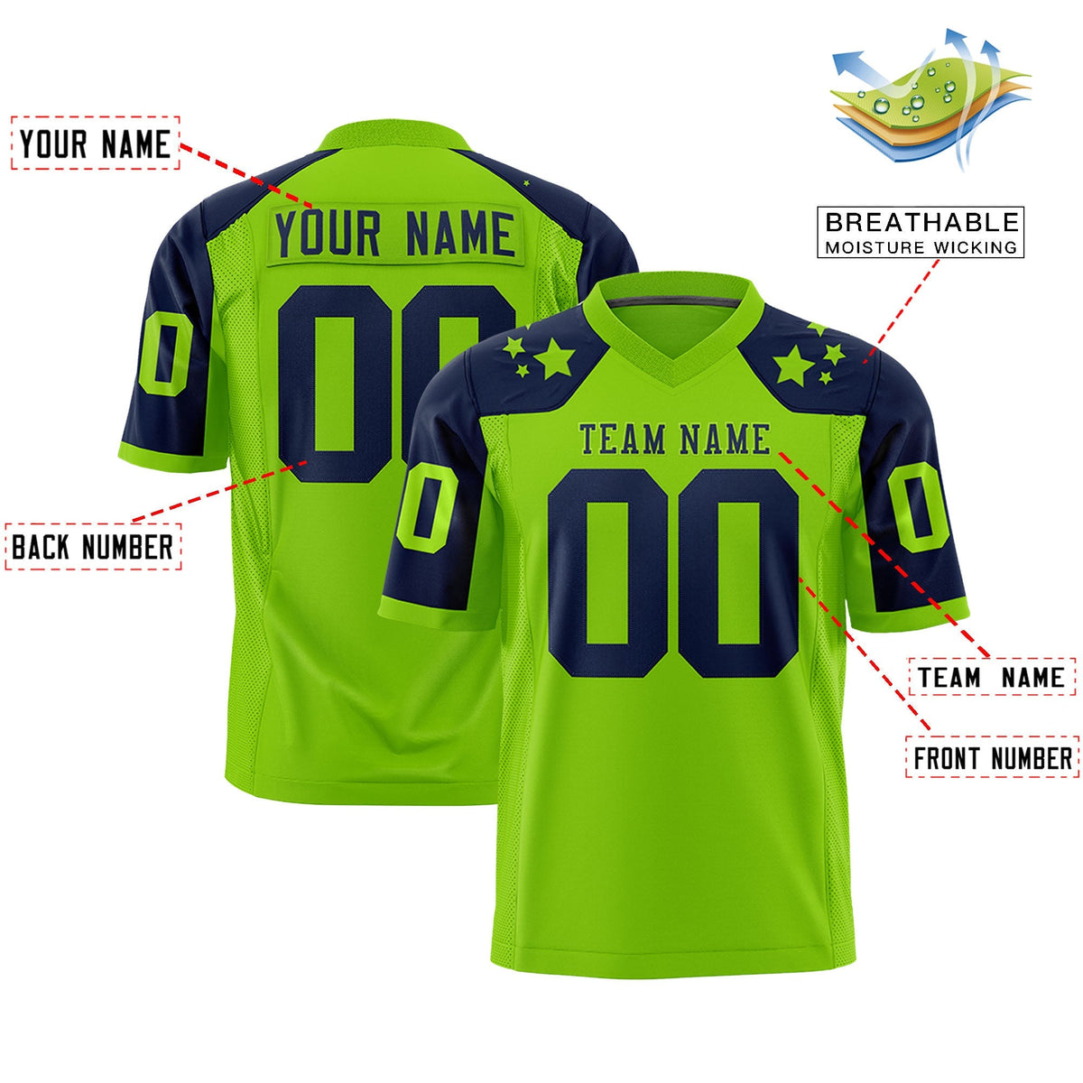Custom Neon Green Navy Personalized Shoulder Star Pattern Authentic American Football Jersey
