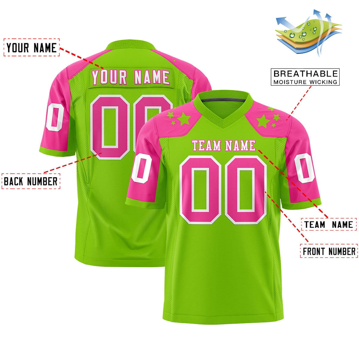 Custom Neon Green Pink Personalized Shoulder Star Pattern Authentic American Football Jersey