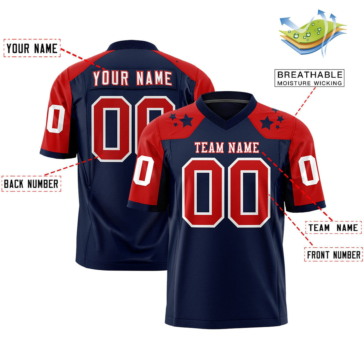 Custom Navy Red Personalized Shoulder Star Pattern Authentic American Football Jersey