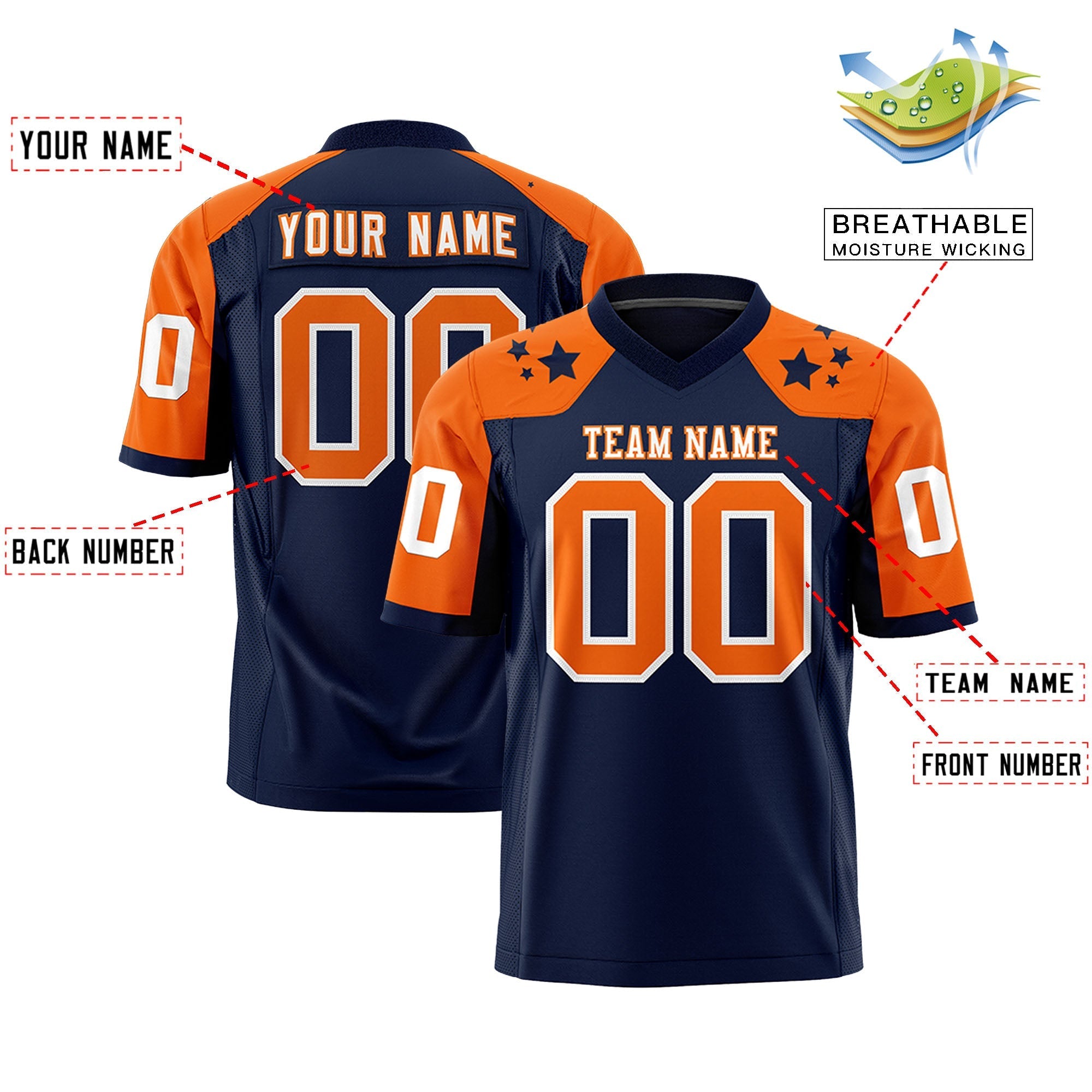 Custom Navy Orange Personalized Shoulder Star Pattern Authentic American Football Jersey