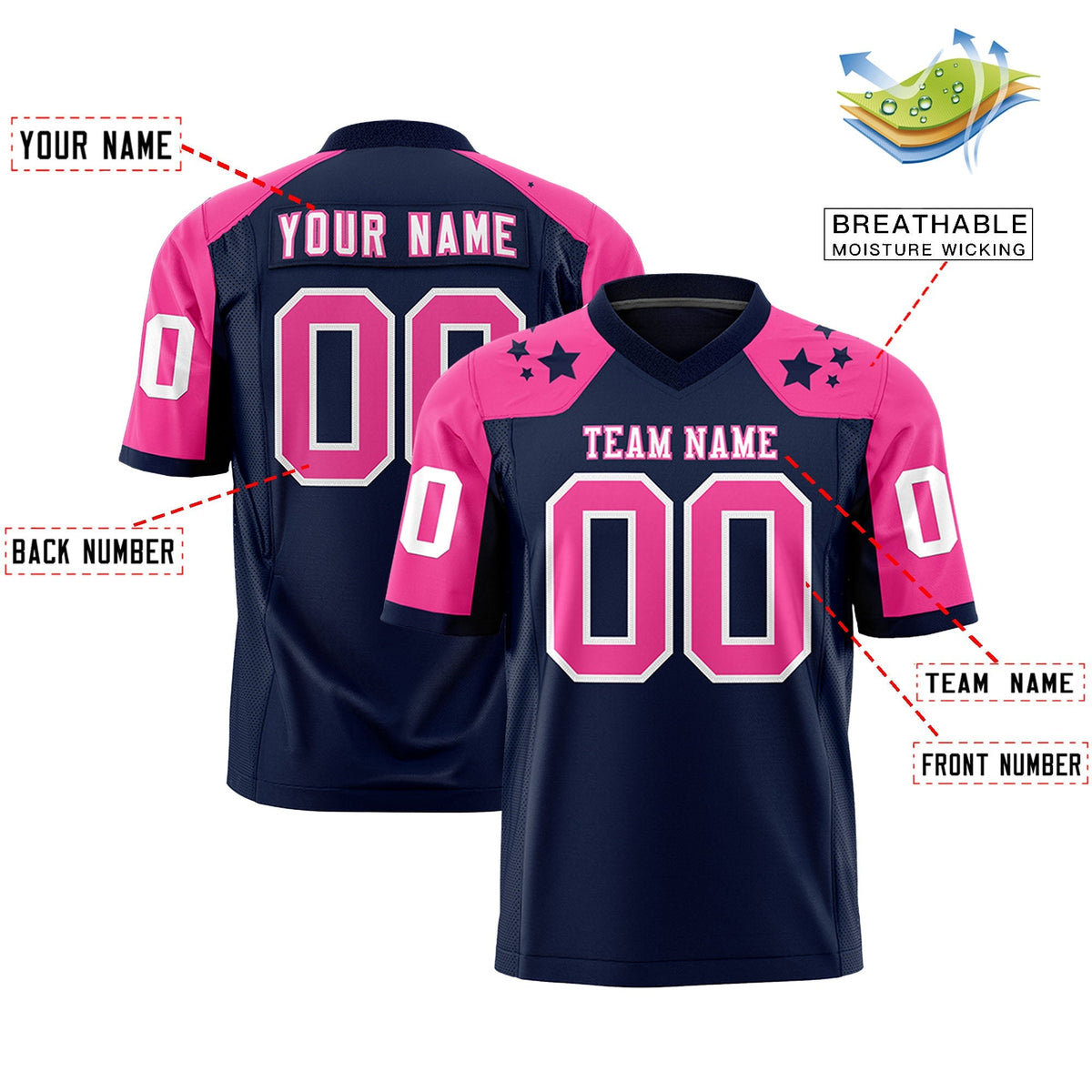 Custom Navy Pink Personalized Shoulder Star Pattern Authentic American Football Jersey