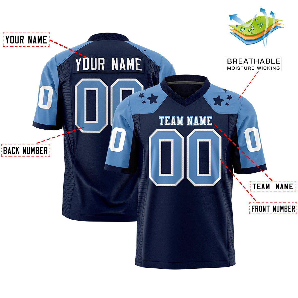 Custom Navy Light Blue Personalized Shoulder Star Pattern Authentic American Football Jersey