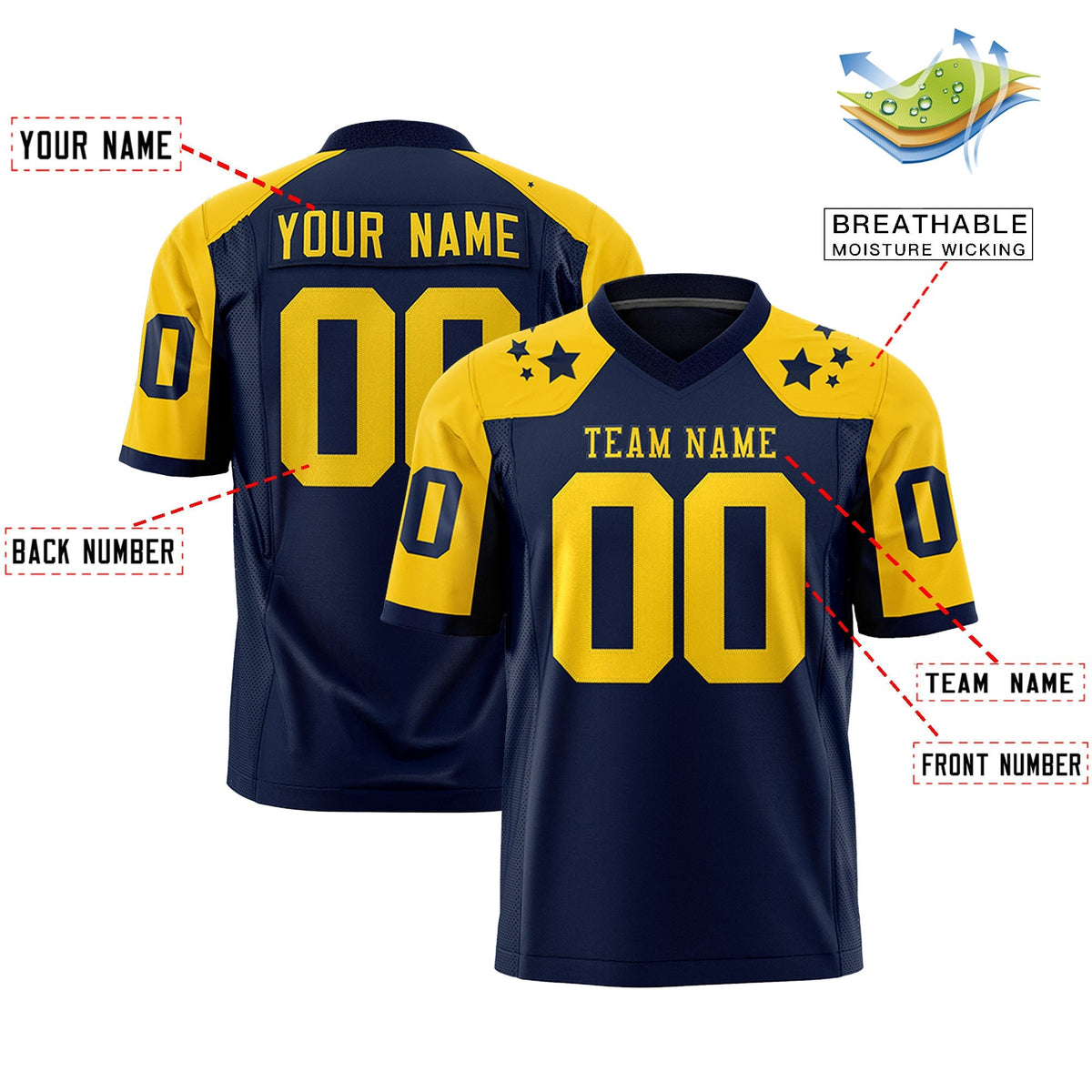 Custom Navy Gold Personalized Shoulder Star Pattern Authentic American Football Jersey