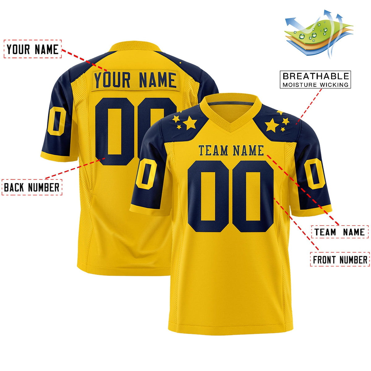 Custom Gold Navy Personalized Shoulder Star Pattern Authentic American Football Jersey