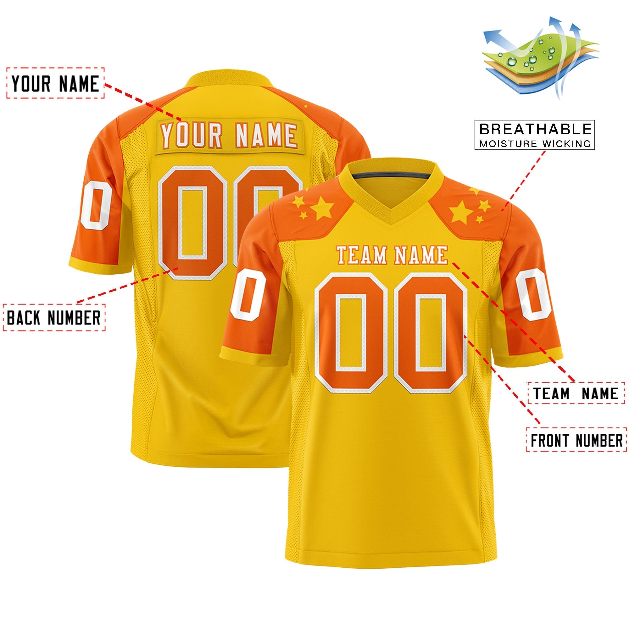 Custom Gold Orange Personalized Shoulder Star Pattern Authentic American Football Jersey