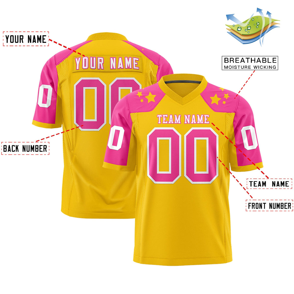 Custom Gold Pink Personalized Shoulder Star Pattern Authentic American Football Jersey