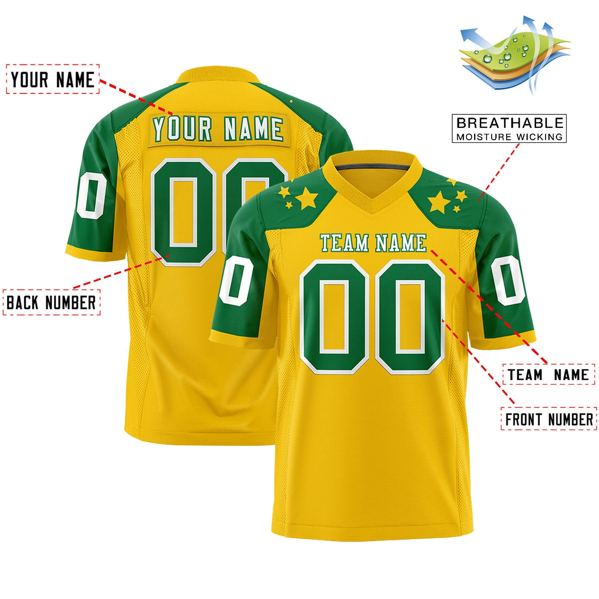 Custom Gold Kelly Green Personalized Shoulder Star Pattern Authentic American Football Jersey