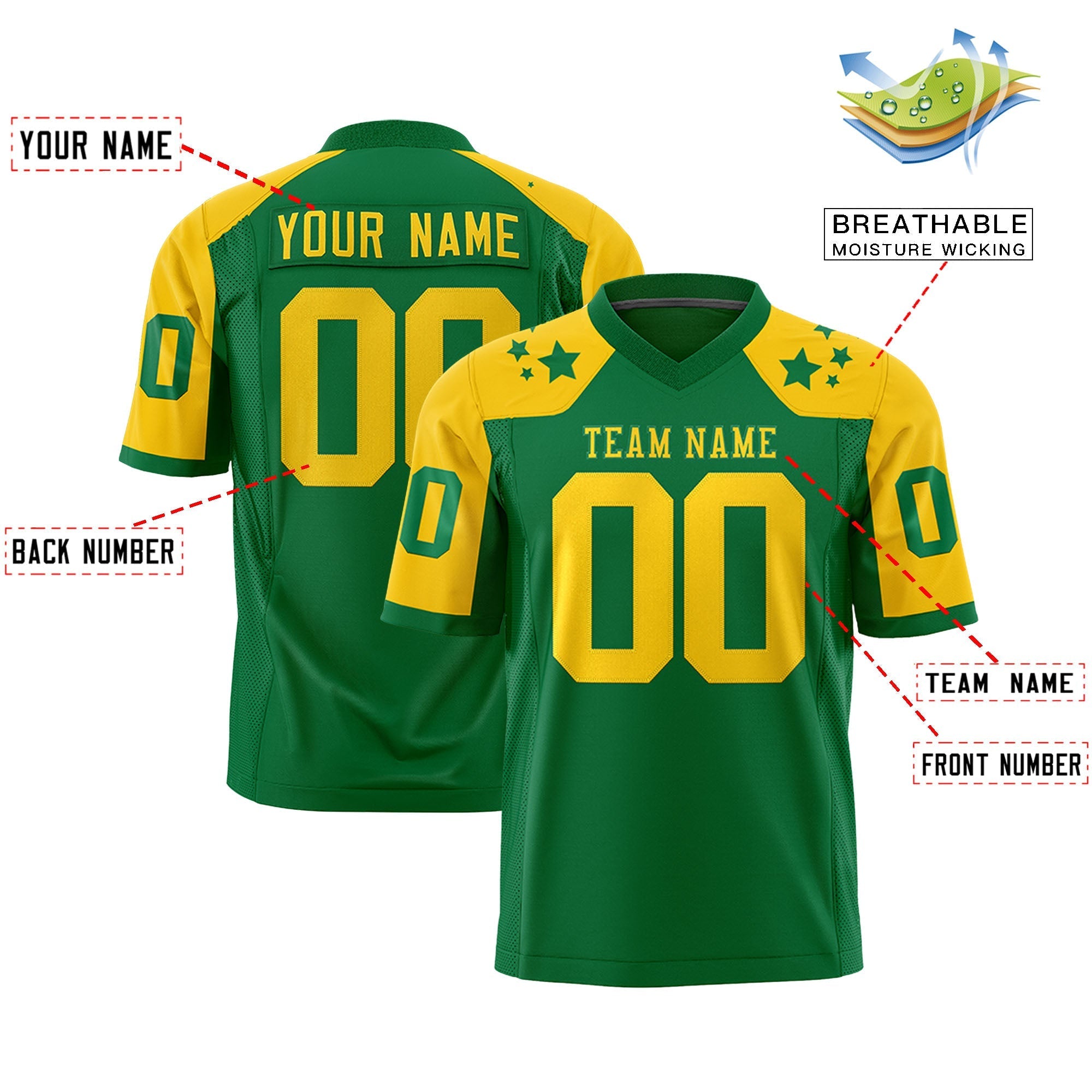 Custom Kelly Green Gold Personalized Shoulder Star Pattern Authentic American Football Jersey