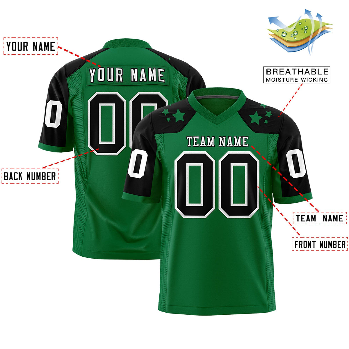 Custom Kelly Green Black Personalized Shoulder Star Pattern Authentic American Football Jersey