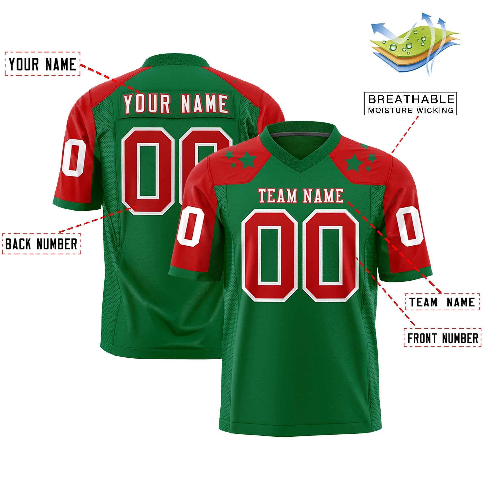 Custom Kelly Green Red Personalized Shoulder Star Pattern Authentic American Football Jersey