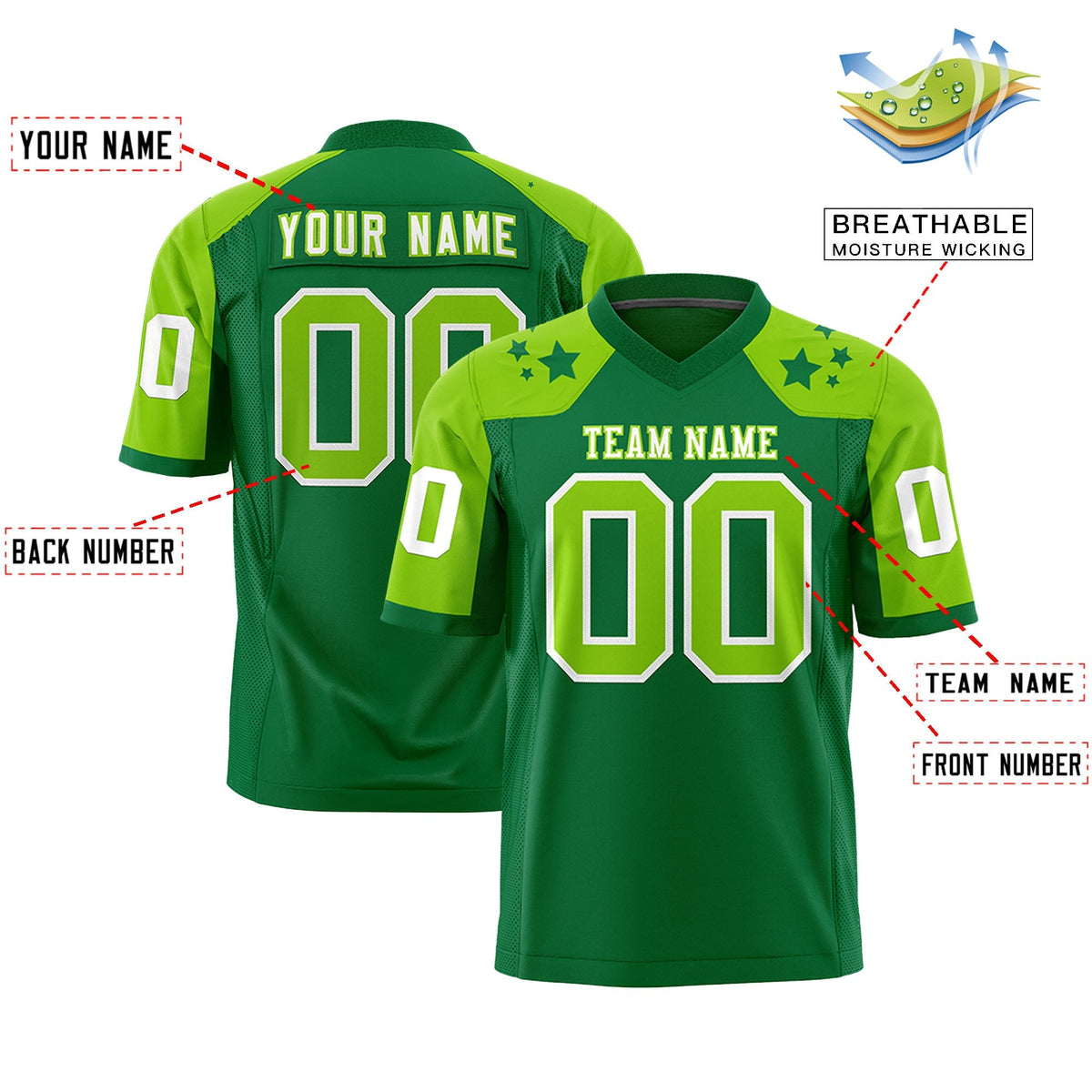 Custom Kelly Green Neon Green Personalized Shoulder Star Pattern Authentic American Football Jersey