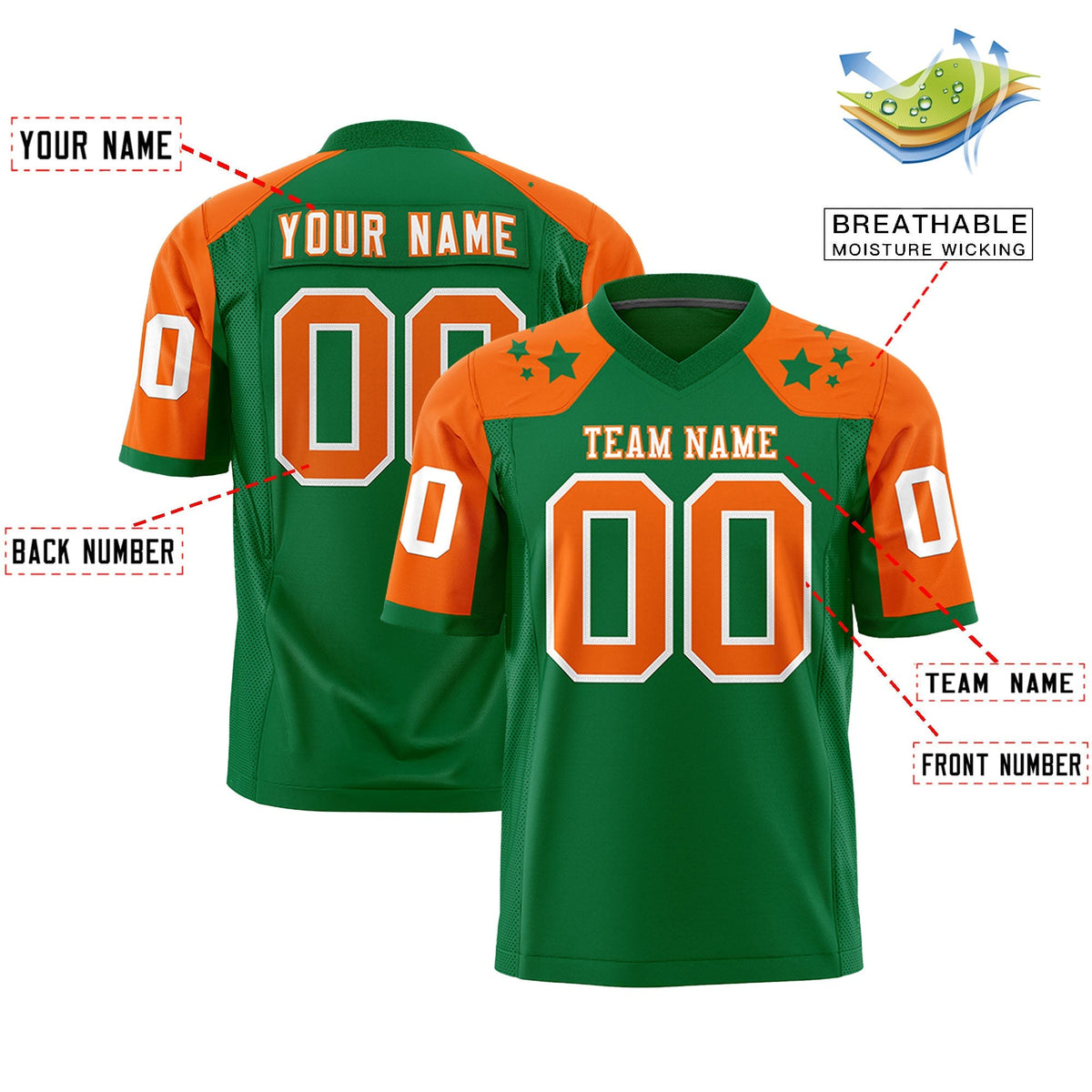 Custom Kelly Green Orange Personalized Shoulder Star Pattern Authentic American Football Jersey