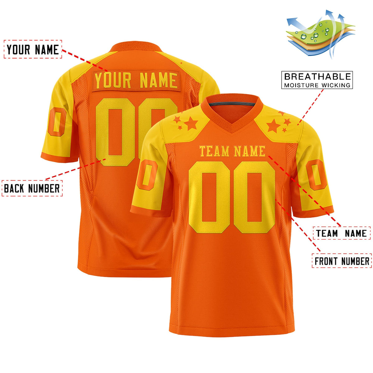 Custom Orange Gold Personalized Shoulder Star Pattern Authentic American Football Jersey