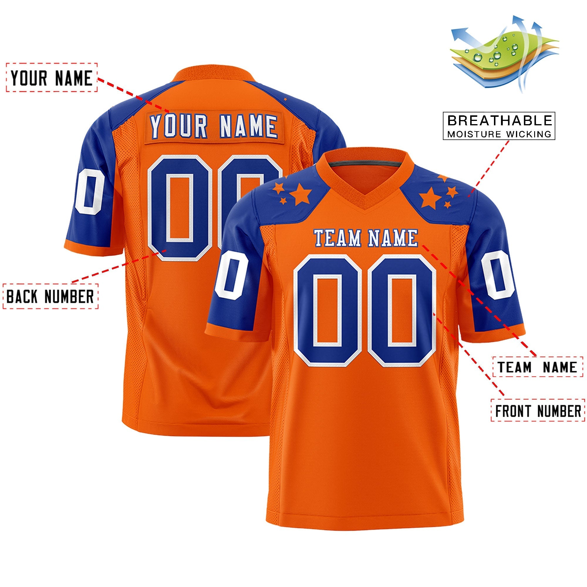Custom Orange Royal Personalized Shoulder Star Pattern Authentic American Football Jersey