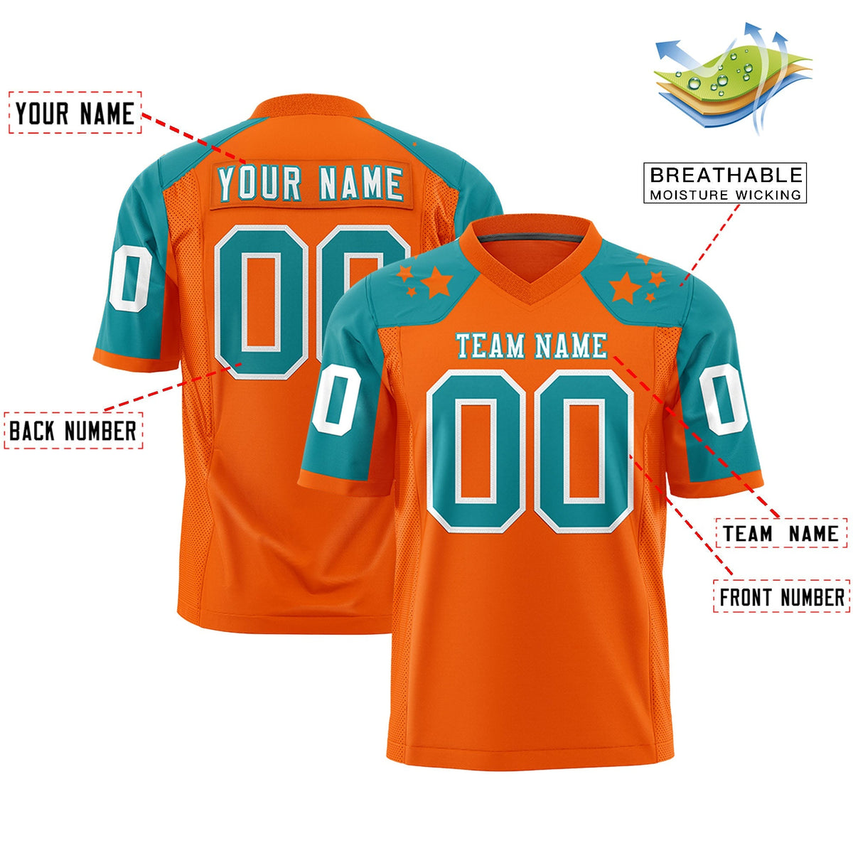 Custom Orange Aqua Personalized Shoulder Star Pattern Authentic American Football Jersey