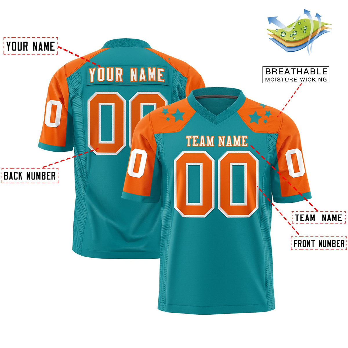 Custom Aqua Orange Personalized Shoulder Star Pattern Authentic American Football Jersey