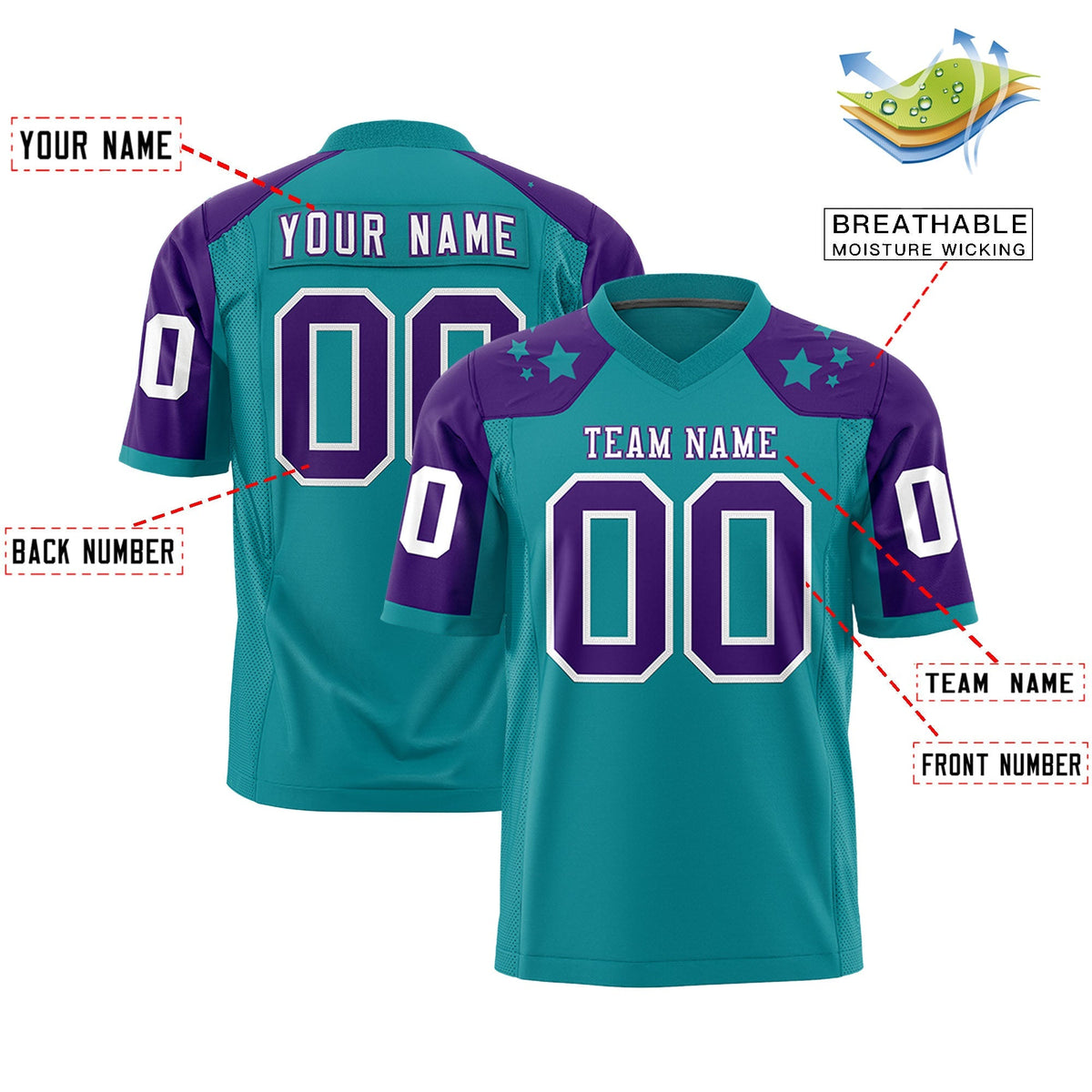 Custom Aqua Purple Personalized Shoulder Star Pattern Authentic American Football Jersey