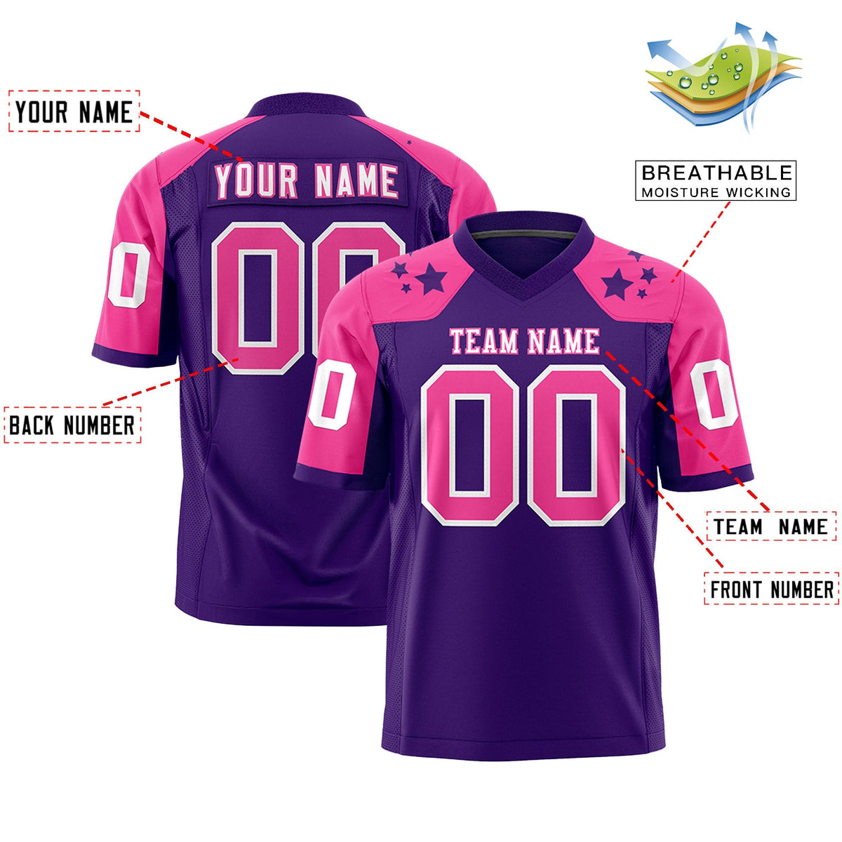 Custom Purple Pink Personalized Shoulder Star Pattern Authentic American Football Jersey