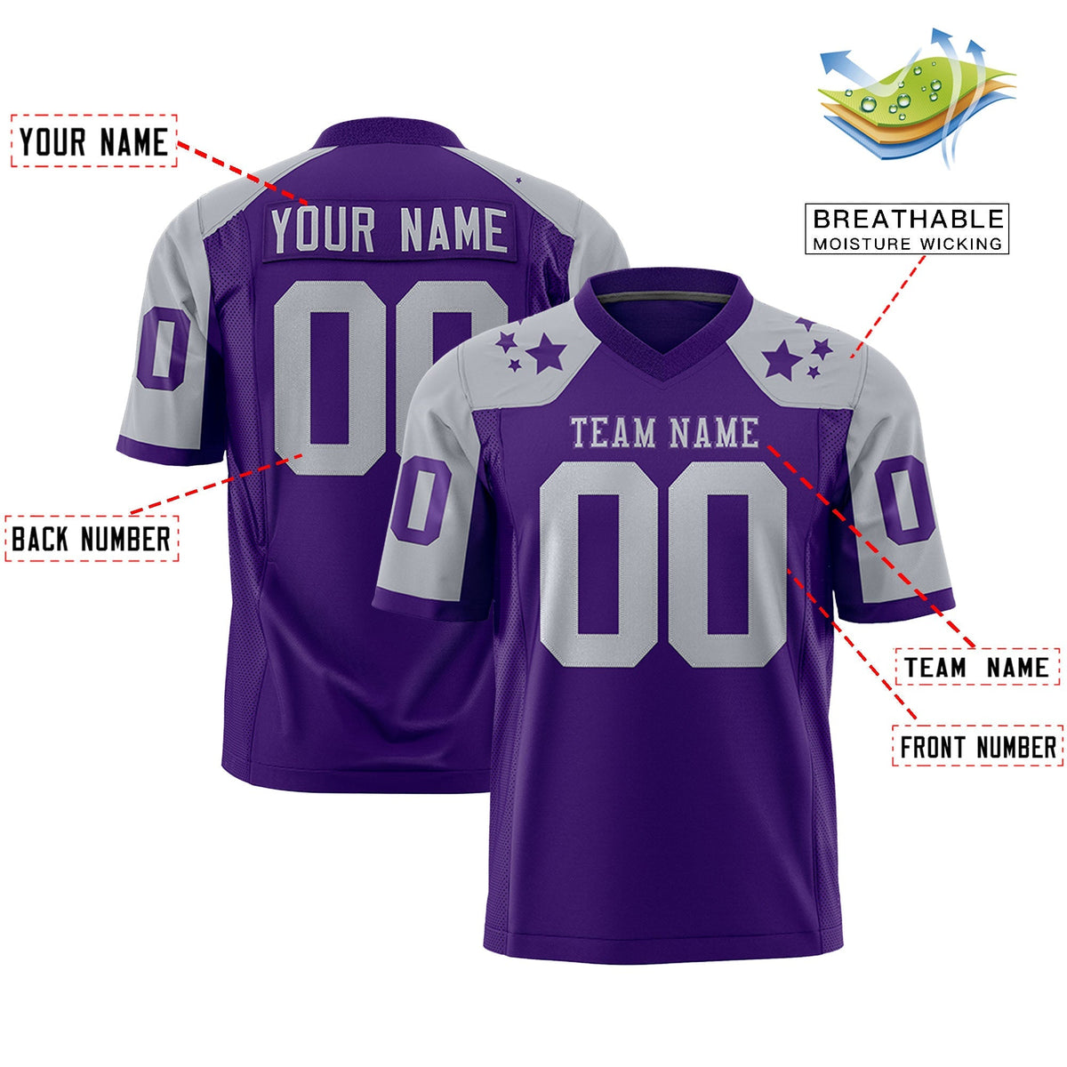 Custom Purple Gray Personalized Shoulder Star Pattern Authentic American Football Jersey